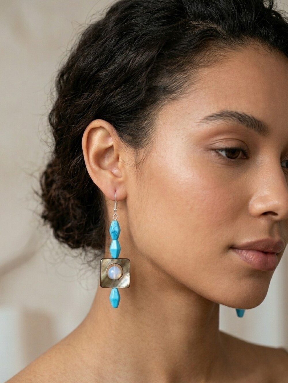 Silver Drop Howlite MOP Opalite Earrings 3.25"